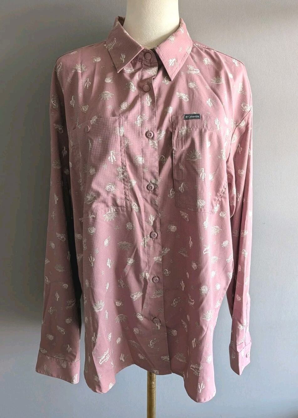 Columbia Button Down Shirt UPF 40+ Silver Ridge Pink Floral L Hiking Outdoor L